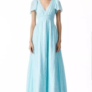 NWT $595 Alice + Olivia Charlie Smocked Lace Maxi Powder Blue Baby Shower Dress